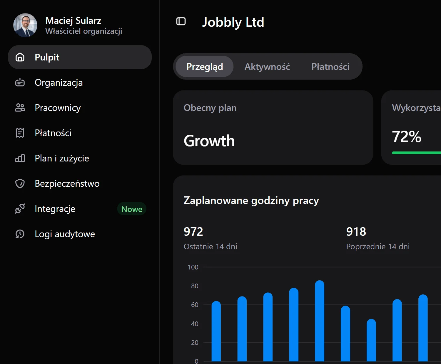 Panel aplikacji Jobbly Account w języku polskim i trybie ciemnym, pokazujący przegląd organizacji, wykorzystanie pracowników i działów, zaplanowane godziny pracy, analitykę przepracowanych godzin, rekordy pracowników oraz ogólne informacje o zarządzaniu personelem.