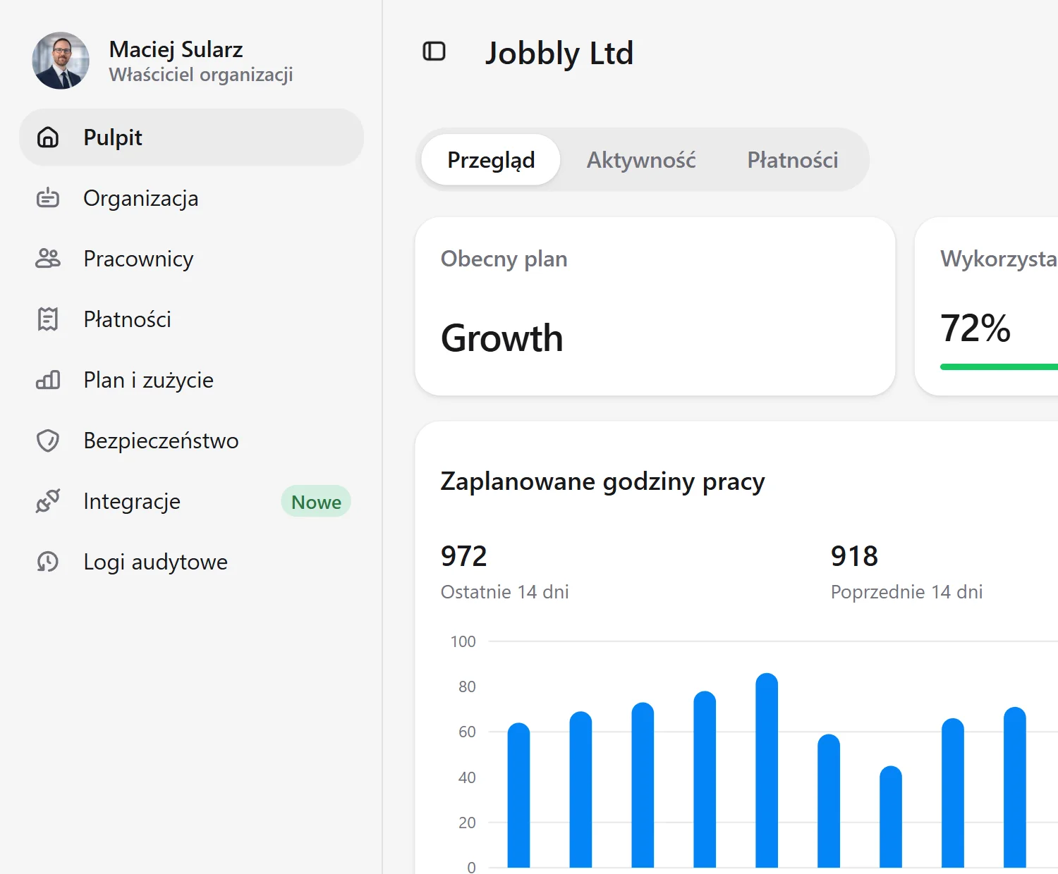 Panel aplikacji Jobbly Account w języku polskim i trybie jasnym, pokazujący przegląd organizacji, wykorzystanie pracowników i działów, zaplanowane godziny pracy, analitykę przepracowanych godzin, rekordy pracowników oraz ogólne informacje o zarządzaniu personelem.