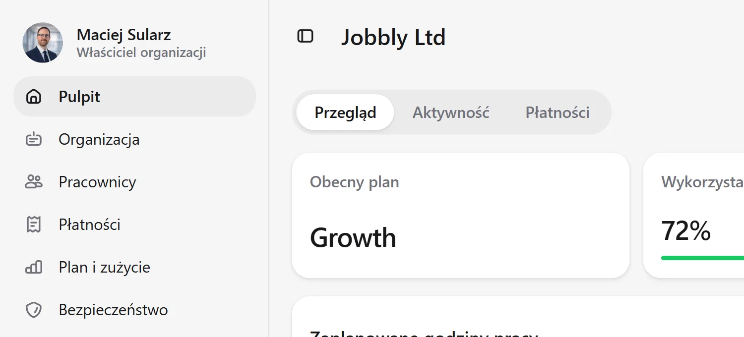 Panel aplikacji Jobbly Account w języku polskim i trybie jasnym, pokazujący przegląd organizacji, wykorzystanie pracowników i działów, zaplanowane godziny pracy, analitykę przepracowanych godzin, rekordy pracowników oraz ogólne informacje o zarządzaniu personelem.