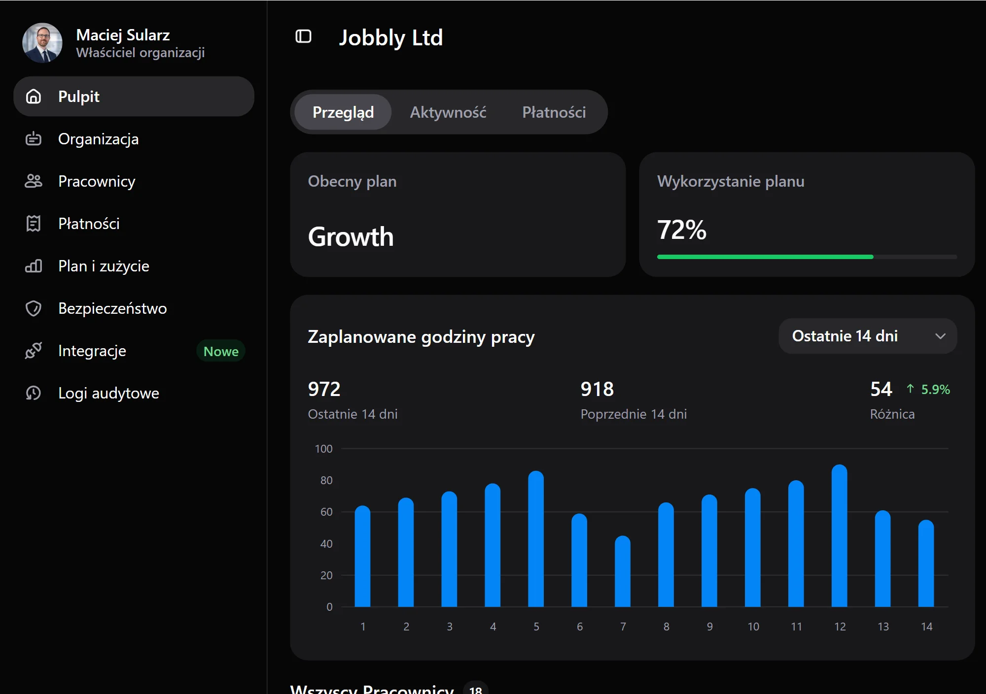 Panel aplikacji Jobbly Account w języku polskim i trybie ciemnym, pokazujący wykorzystanie planu organizacji, limity pracowników, wykorzystanie działów, funkcje administracyjne i rozliczeniowe konta, zaplanowane godziny pracy oraz analitykę przepracowanych godzin.