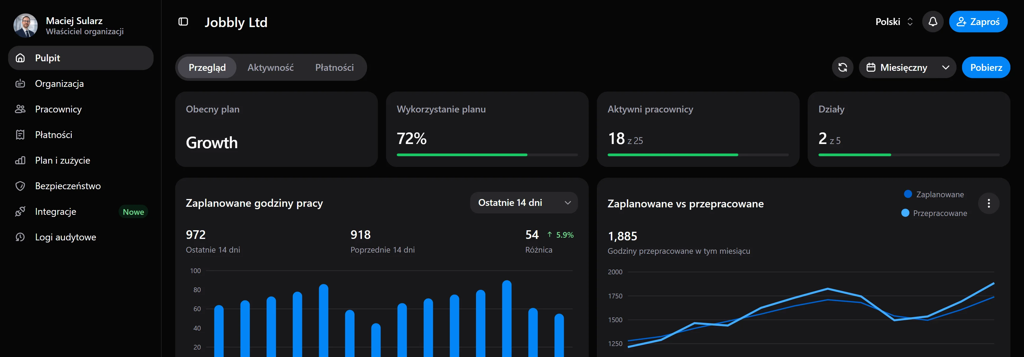 Panel Jobbly Account pokazujący informacje o zarządzaniu zespołem, zaplanowane godziny pracy, rekordy pracowników oraz aktywność organizacji.
